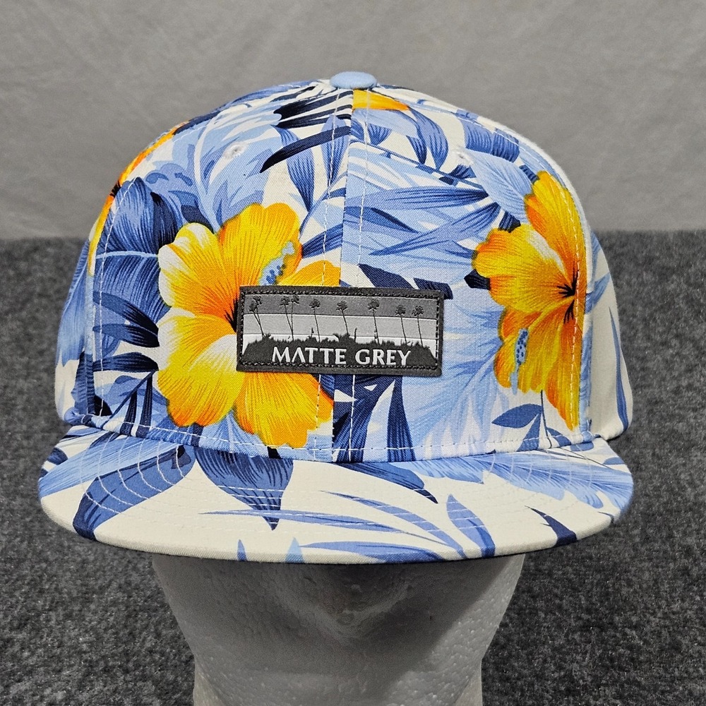 Matte Grey Tropical Hat Flat Brim Blue Yellow Floral Strapback Sample Cap Bright
